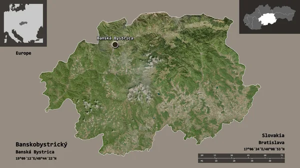 Banskobystrickyの形状 スロバキアの地域 およびその首都 距離スケール プレビューおよびラベル 衛星画像 3Dレンダリング — ストック写真