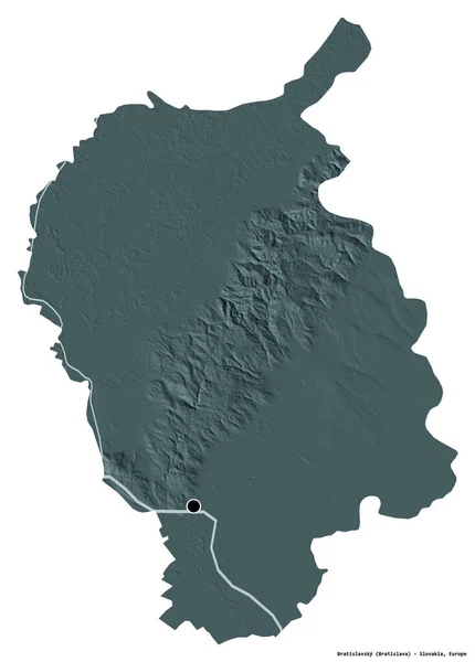 斯洛伐克布拉迪斯拉夫斯基地区的形状 首都被白色背景隔离 彩色高程图 3D渲染 — 图库照片