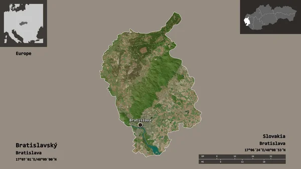 斯洛伐克地区布拉迪斯拉夫斯基的形状及其首都 距离刻度 预览和标签 卫星图像 3D渲染 — 图库照片