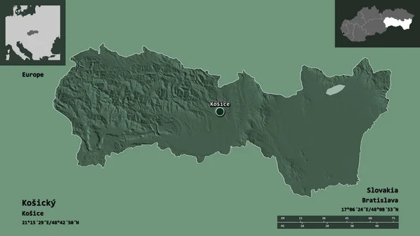 Form Kosicky Regionen Slovakien Och Dess Huvudstad Avståndsskala Förhandsvisningar Och — Stockfoto