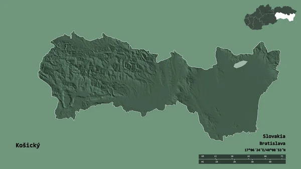 固体背景にその首都で スロバキアの地域であるコシキーの形状 距離スケール リージョンプレビュー およびラベル 色の標高マップ 3Dレンダリング — ストック写真