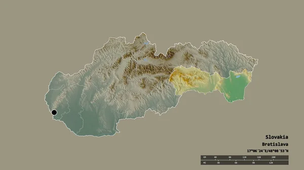 その首都 主要な地域部門と分離されたコシキー地域とスロバキアの荒廃した形状 ラベル 地形図 3Dレンダリング — ストック写真