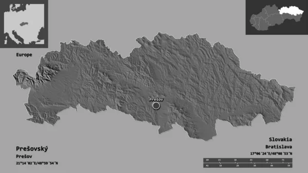 斯洛伐克普雷索夫斯基地区的形状及其首都 距离刻度 预览和标签 Bilevel高程图 3D渲染 — 图库照片