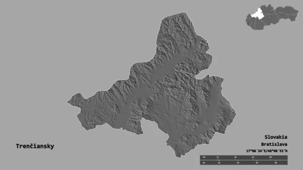トレンチアンスキーの形状 スロバキアの領域 その資本金は 固体背景に隔離されています 距離スケール リージョンプレビュー およびラベル 標高マップ 3Dレンダリング — ストック写真