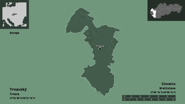 斯洛伐克地区特尔纳夫斯基的形状及其首都 距离刻度 预览和标签 彩色高程图 3D渲染 — 图库照片