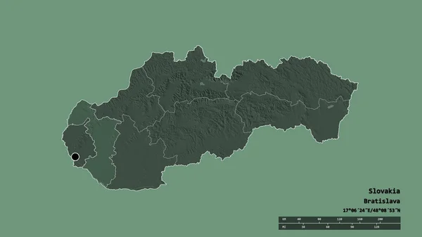 その首都 メイン地域部門と分離されたトラフスキーエリアとスロバキアの荒廃した形状 ラベル 色の標高マップ 3Dレンダリング — ストック写真