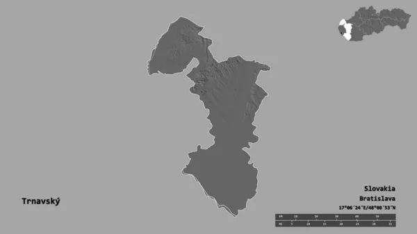 固体背景にその首都で スロバキアの領域であるトラフスキーの形状 距離スケール リージョンプレビュー およびラベル 標高マップ 3Dレンダリング — ストック写真