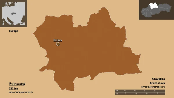 ジリンスキーの形状 スロバキアの地域 およびその首都 距離スケール プレビューおよびラベル パターン化されたテクスチャの構成 3Dレンダリング — ストック写真