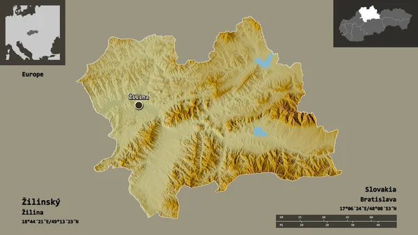 斯洛伐克Zilinsky地区的形状及其首都 距离刻度 预览和标签 地形浮雕图 3D渲染 — 图库照片