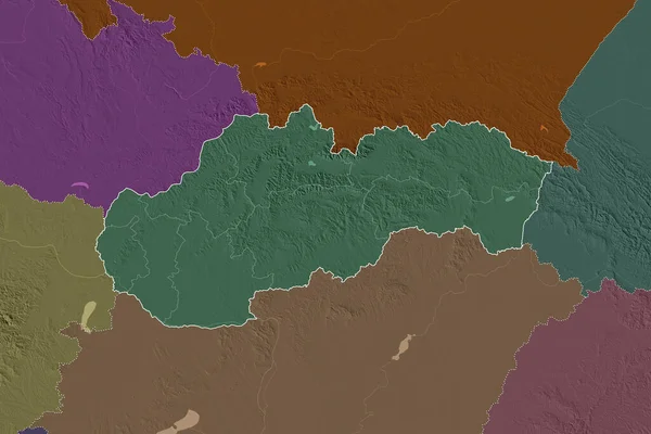 Расширенная Территория Словакии Странами Международными Региональными Границами Цветная Карта Высоты — стоковое фото