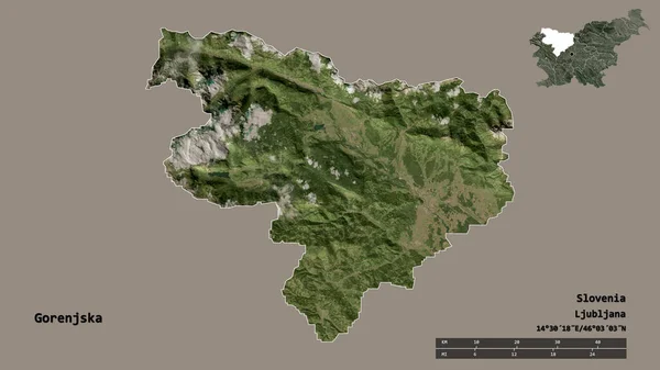 Gorenjska的形状 斯洛文尼亚的统计区域 其首都孤立在坚实的背景下 距离尺度 区域预览和标签 卫星图像 3D渲染 — 图库照片