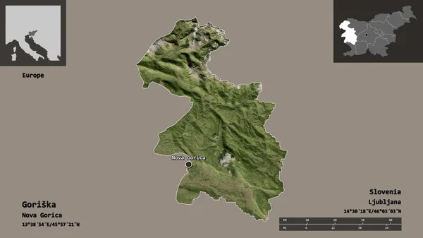 格里斯卡的形状 斯洛文尼亚的统计区 及其首都 距离刻度 预览和标签 卫星图像 3D渲染 — 图库照片