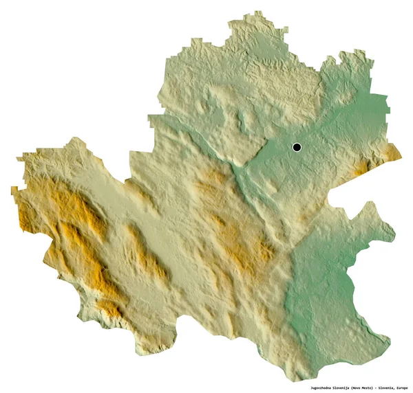 斯洛文尼亚统计区Jugovzhodna Slovenija的形状 其首都因白人背景而孤立 地形浮雕图 3D渲染 — 图库照片