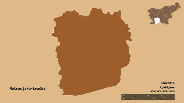 斯洛维尼亚统计区Notranjsko Kraska的形状 其首都孤立在坚实的背景下 距离尺度 区域预览和标签 图形纹理的组成 3D渲染 — 图库照片