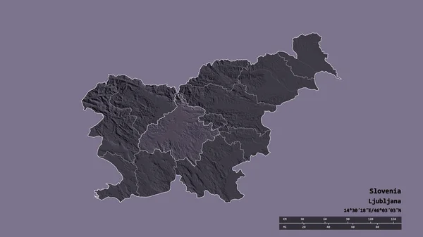 主要な地域部門と分離されたOsrednjeslovenskaエリアとスロベニアの荒廃した形状 ラベル 色の標高マップ 3Dレンダリング — ストック写真