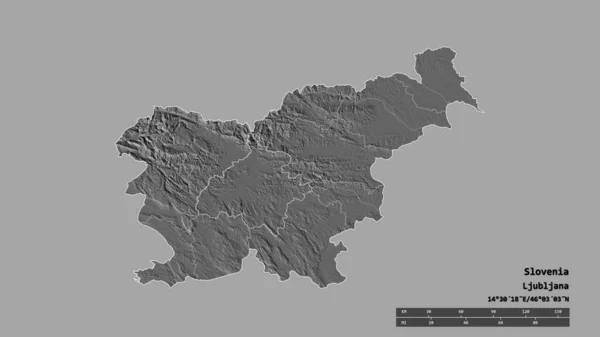 主要な地域部門と分離されたOsrednjeslovenskaエリアとスロベニアの荒廃した形状 ラベル 標高マップ 3Dレンダリング — ストック写真