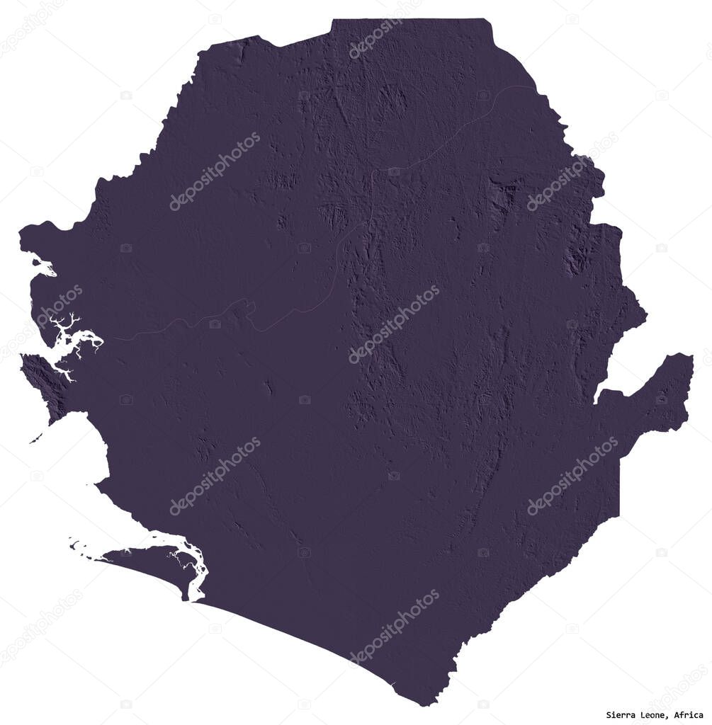 Shape of Sierra Leone with its capital isolated on white background. Colored elevation map. 3D rendering