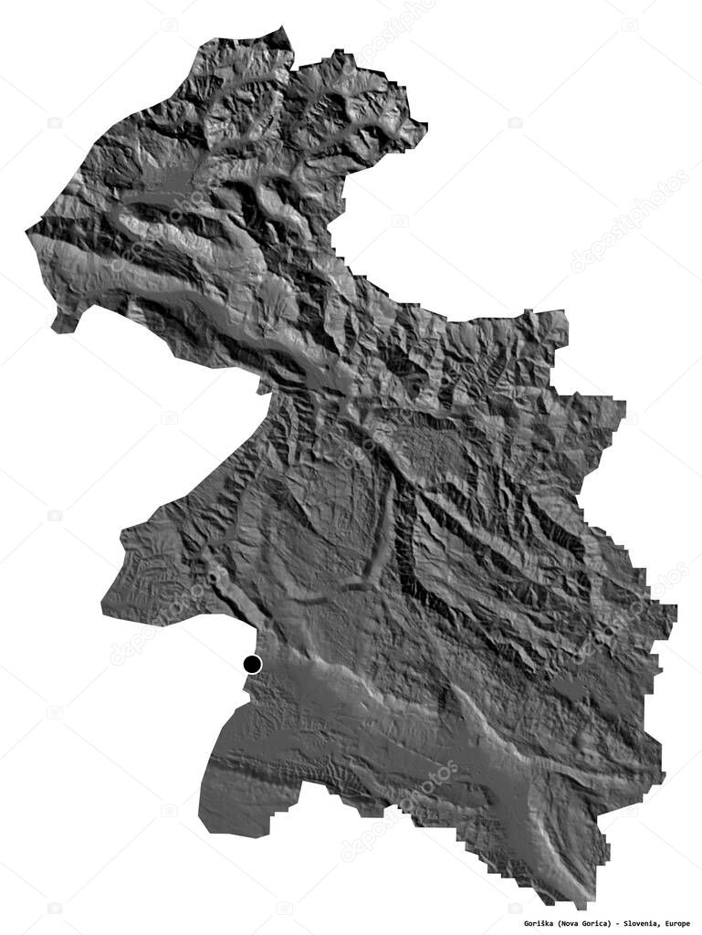 Shape of Goriska, statistical region of Slovenia, with its capital isolated on white background. Bilevel elevation map. 3D rendering