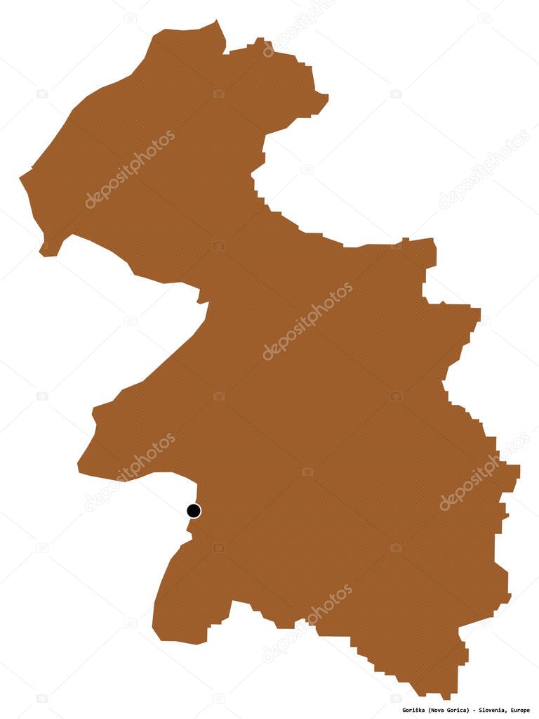 Shape of Goriska, statistical region of Slovenia, with its capital isolated on white background. Composition of patterned textures. 3D rendering