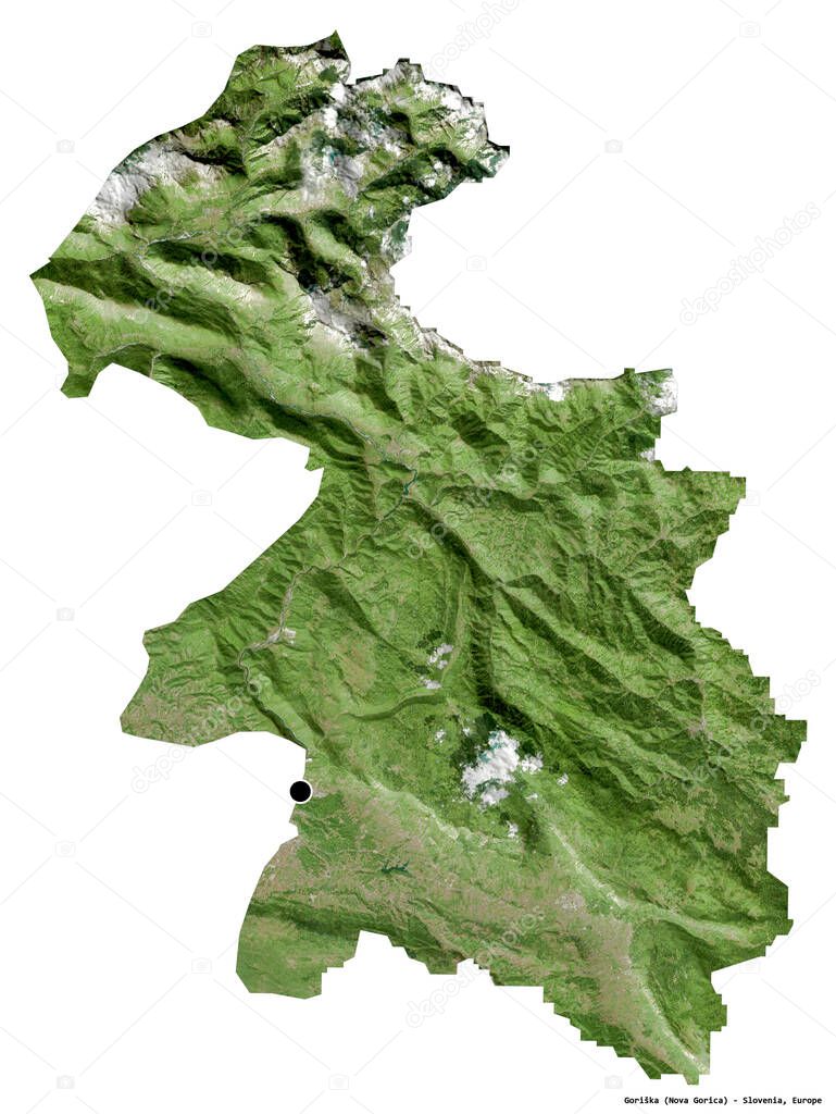 Shape of Goriska, statistical region of Slovenia, with its capital isolated on white background. Satellite imagery. 3D rendering