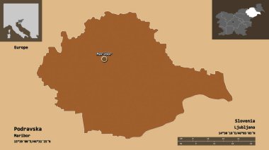 Podravska 'nın şekli, Slovenya istatistiksel bölgesi ve başkenti. Uzaklık ölçeği, ön gösterimler ve etiketler. Desenli dokuların bileşimi. 3B görüntüleme
