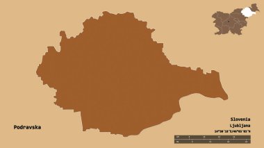 Slovenya 'nın istatistiksel bölgesi Podravska' nın yapısı ve sermayesi sağlam bir zemin üzerinde izole edilmiş. Uzaklık ölçeği, bölge önizlemesi ve etiketleri. Desenli dokuların bileşimi. 3B görüntüleme