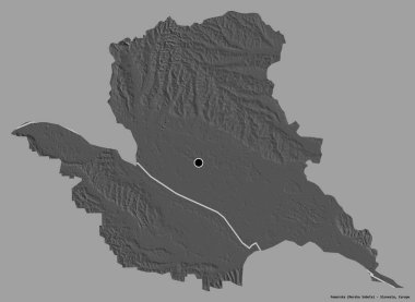 Slovenya 'nın istatistiksel bölgesi Pomurska' nın şekli, başkenti sağlam bir renk zeminine izole edilmiş. Çift seviyeli yükseklik haritası. 3B görüntüleme