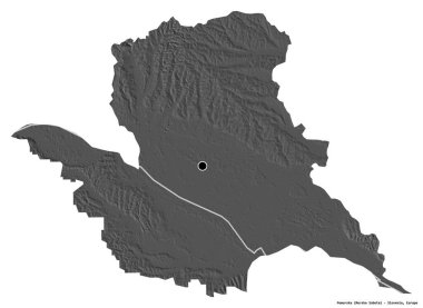 Slovenya 'nın istatistiksel bölgesi Pomurska' nın beyaz arka planda kalan başkenti. Çift seviyeli yükseklik haritası. 3B görüntüleme