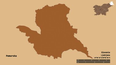 Slovenya 'nın istatistiksel bölgesi Pomurska' nın şekli, başkenti sağlam bir zemin üzerinde izole edilmiş durumda. Uzaklık ölçeği, bölge önizlemesi ve etiketleri. Desenli dokuların bileşimi. 3B görüntüleme