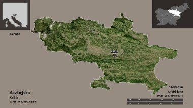 Savinjska 'nın şekli, Slovenya istatistiksel bölgesi ve başkenti. Uzaklık ölçeği, ön gösterimler ve etiketler. Uydu görüntüleri. 3B görüntüleme