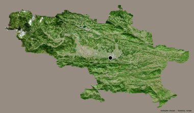 Slovenya 'nın istatistiksel bölgesi Savinjska' nın şekli, başkenti sağlam bir renk arkaplanına sahip. Uydu görüntüleri. 3B görüntüleme