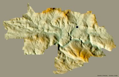 Slovenya 'nın istatistiksel bölgesi olan Zasavska' nın şekli, başkenti sağlam bir renk arkaplanına sahip. Topografik yardım haritası. 3B görüntüleme
