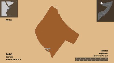 Avdal 'ın şekli, Somali bölgesi ve başkenti. Uzaklık ölçeği, ön gösterimler ve etiketler. Desenli dokuların bileşimi. 3B görüntüleme