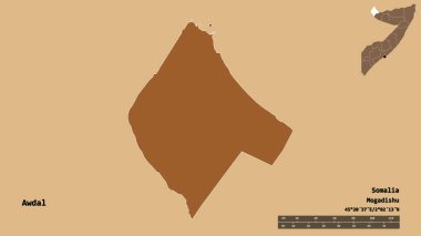 Somali 'nin başkenti sağlam bir arka planda izole edilmiş Awdal' ın şekli. Uzaklık ölçeği, bölge önizlemesi ve etiketleri. Desenli dokuların bileşimi. 3B görüntüleme