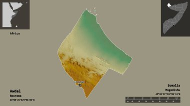 Avdal 'ın şekli, Somali bölgesi ve başkenti. Uzaklık ölçeği, ön gösterimler ve etiketler. Topografik yardım haritası. 3B görüntüleme