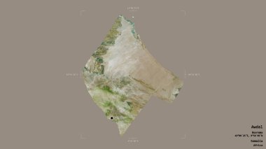 Avdal bölgesi, Somali bölgesi, katı bir arka planda izole edilmiş bir sınır kutusunda. Etiketler. Uydu görüntüleri. 3B görüntüleme