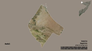 Somali 'nin başkenti sağlam bir arka planda izole edilmiş Awdal' ın şekli. Uzaklık ölçeği, bölge önizlemesi ve etiketleri. Uydu görüntüleri. 3B görüntüleme