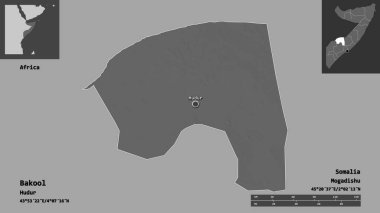 Bakool 'un şekli, Somali bölgesi ve başkenti. Uzaklık ölçeği, ön gösterimler ve etiketler. Çift seviyeli yükseklik haritası. 3B görüntüleme