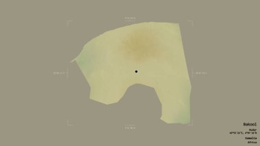 Bakool bölgesi, Somali bölgesi, jeoreferatlı bir sınır kutusunda sağlam bir arka planda izole edilmiş. Etiketler. Topografik yardım haritası. 3B görüntüleme