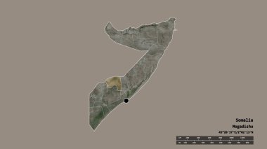 Başkenti, ana bölgesel bölümü ve ayrılmış Bakool bölgesiyle Somali 'nin dejenere edilmiş şekli. Etiketler. Uydu görüntüleri. 3B görüntüleme