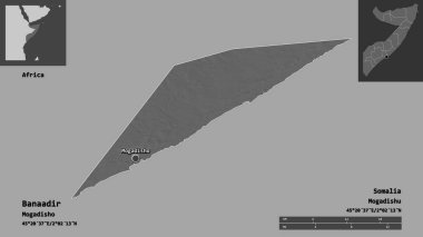 Banaadir 'in şekli, Somali bölgesi ve başkenti. Uzaklık ölçeği, ön gösterimler ve etiketler. Çift seviyeli yükseklik haritası. 3B görüntüleme