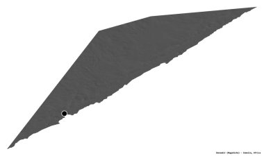 Banaadir, Somali bölgesi, başkenti beyaz arka planda izole edilmiş. Çift seviyeli yükseklik haritası. 3B görüntüleme