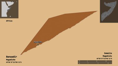 Banaadir 'in şekli, Somali bölgesi ve başkenti. Uzaklık ölçeği, ön gösterimler ve etiketler. Desenli dokuların bileşimi. 3B görüntüleme