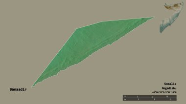 Somali bölgesi Banaadir 'in şekli, başkenti sağlam bir zemin üzerinde izole edilmiştir. Uzaklık ölçeği, bölge önizlemesi ve etiketleri. Topografik yardım haritası. 3B görüntüleme