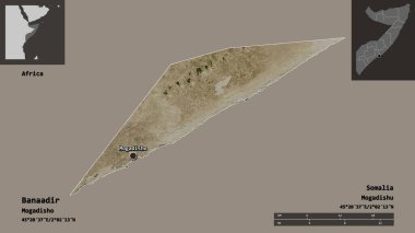 Banaadir 'in şekli, Somali bölgesi ve başkenti. Uzaklık ölçeği, ön gösterimler ve etiketler. Uydu görüntüleri. 3B görüntüleme