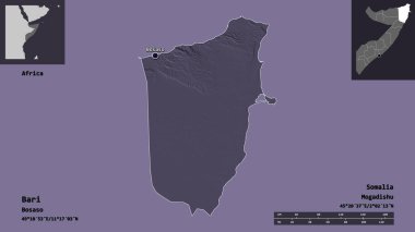 Bari 'nin şekli, Somali bölgesi ve başkenti. Uzaklık ölçeği, ön gösterimler ve etiketler. Renkli yükseklik haritası. 3B görüntüleme