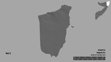 Somali bölgesi Bari 'nin şekli, başkenti sağlam bir zemin üzerinde izole edilmiş. Uzaklık ölçeği, bölge önizlemesi ve etiketleri. Çift seviyeli yükseklik haritası. 3B görüntüleme