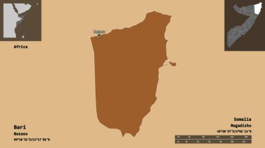 Bari 'nin şekli, Somali bölgesi ve başkenti. Uzaklık ölçeği, ön gösterimler ve etiketler. Desenli dokuların bileşimi. 3B görüntüleme