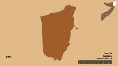 Somali bölgesi Bari 'nin şekli, başkenti sağlam bir zemin üzerinde izole edilmiş. Uzaklık ölçeği, bölge önizlemesi ve etiketleri. Desenli dokuların bileşimi. 3B görüntüleme