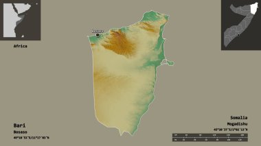 Bari 'nin şekli, Somali bölgesi ve başkenti. Uzaklık ölçeği, ön gösterimler ve etiketler. Topografik yardım haritası. 3B görüntüleme